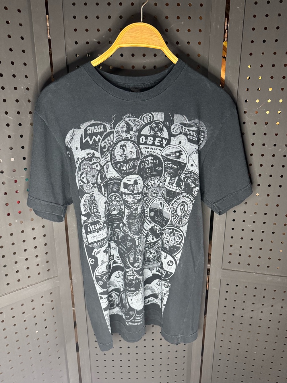 Obey Black AOP record Graphic Logo Patch Short Sleeve Tee